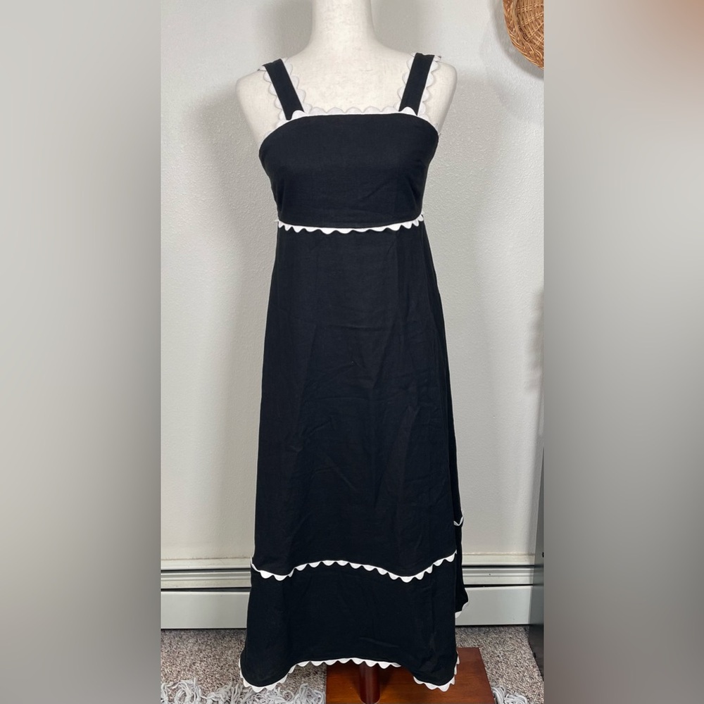 Cynthia Rowley Linen Maxi Dress Black White Rickrack Trim Pockets Size X-Small